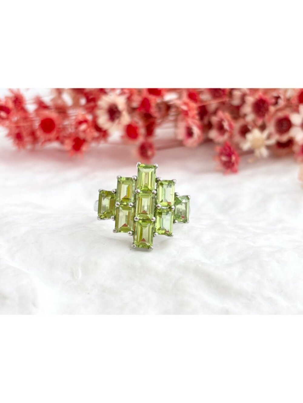 Green Peridot Emerald Cut Cluster Sterling Silver 925 Vintage Ring - sz 10 - Picture 11 of 15
